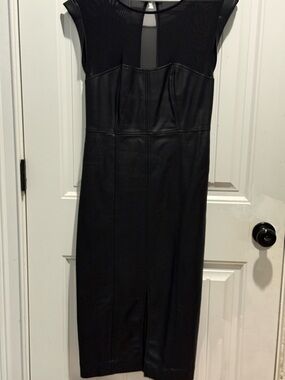 Anthropologie Black Faux Leather Midi Dress with Mesh Yoke